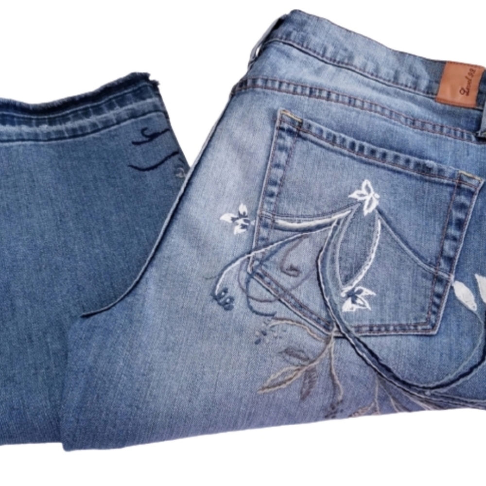 Level 99 Anthropologie Straight Blue Embroidered Denim Jeans Size 27 Boho